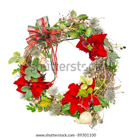 Christmas wreath with poinsettias isolated on white