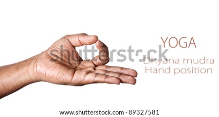 Hand in Dhyana mudra by Indian man isolated at white background. Free space for your text