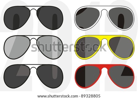 Isolated illustration - collection fashionable classical ("police", "pilot") and sport glasses, white and black frames, UV - protection of lenses. Trend 2012. White background
