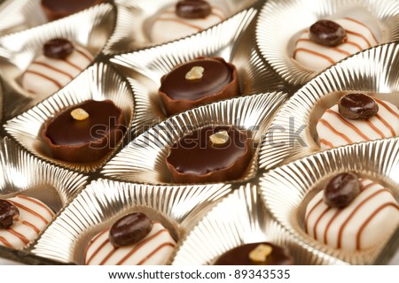 Chocolate sweets in box close up