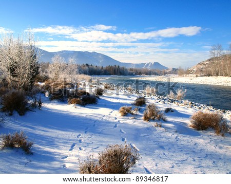 Winter landscape with snow trees and river in mountains