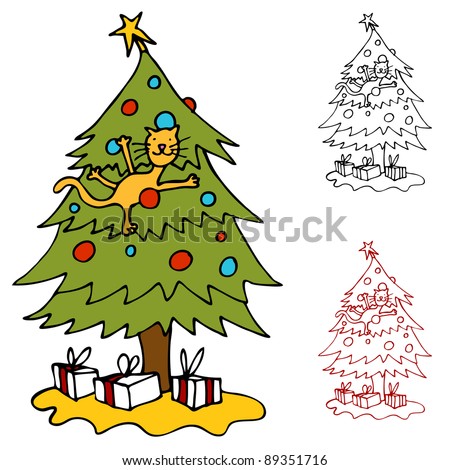 An image of a cat climbing a Christmas tree.