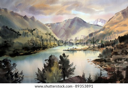 Mountain landscape painted by watercolor.