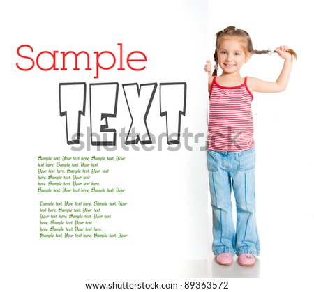 girl beside a white blank with sample text