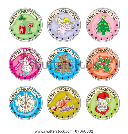 merry christmas set of colored clip art stamp coins, stickers isolated on white