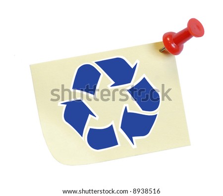 thumb tack note with recycle symbol on it