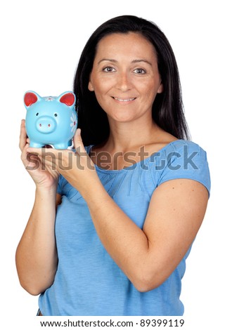 Adorable woman with a blue money-box isolated on a over white background