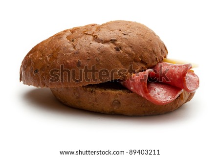 Sandwich with cheese and salami on a white background
