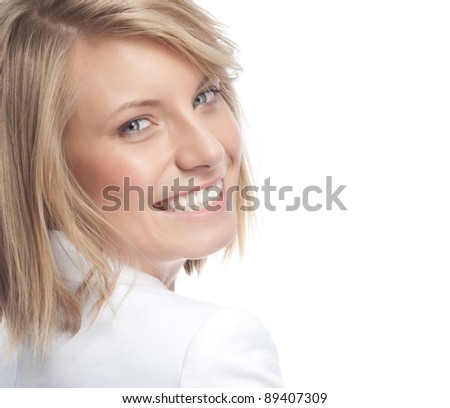 portrait of attractive  caucasian smiling woman isolated on white studio shot looking at camera