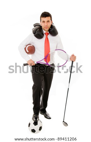 Young business man posing with different sport utensils on white background