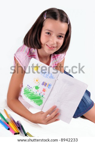 Nice young girl show her drawing