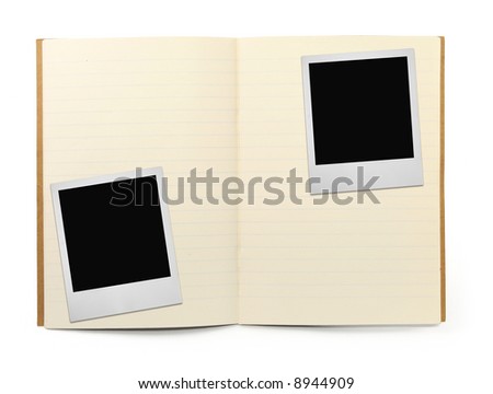 lined exercise book and two photo frames on white, visible shadow in front