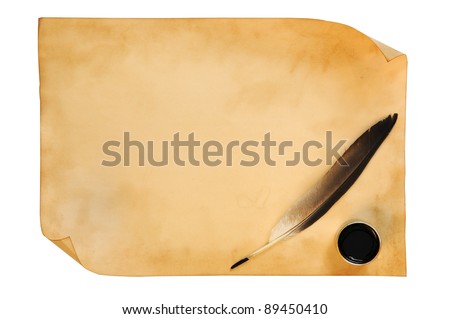 old paper with feather isolated on white background