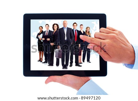 Hands with tablet computer. Business people team. Isolated on white background.