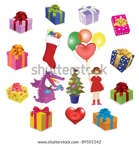 Set colorful vector gift boxes and celebratory images for Christmas,  New Year, Valentine's day, birthday