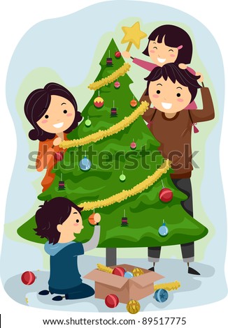 Illustration of a Family Decorating a Christmas Tree