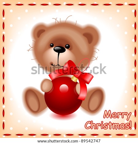 soft teddy toy bear with a Christmas ball on the background of the sewing texture. raster version