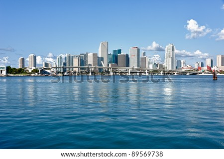 Miami Downtown skyline in daytime with Biscayne Bay. All logos and brand names of building removed.