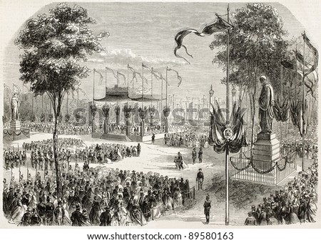 Montaigne and Montesquieu statues inauguration in Quinconces square, Bordeaux. Created by Godefroy-Durand after Philippe, published on L'Illustration, Journal Universel, Paris, 1858