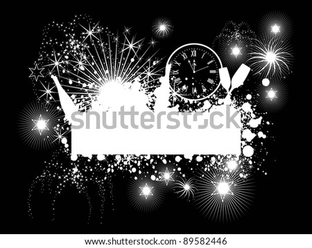 clock & party elements like shiny stars, wine glass & champage bottle with firework on grungy background for New Year & other occasions.