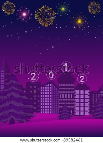 Celebration theme in night  with firework & Christmas tree for Christmas, New Year & other occasions, vector illustration.