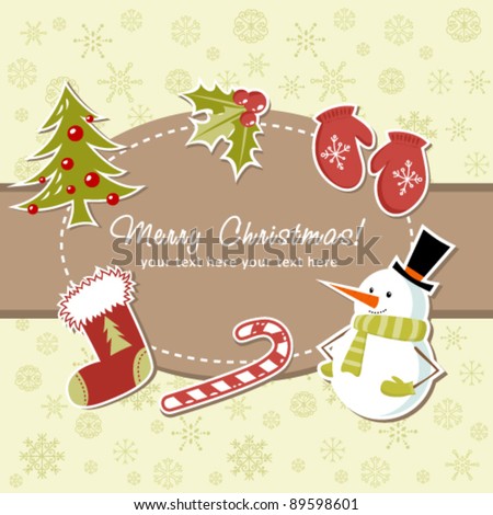 Beautiful Christmas card with xmas stocking, toys holly berries, candy canes, mittens, fir tree and smiling snowman
