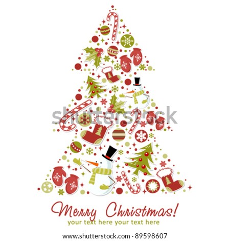 Stylized Christmas tree with xmas toys, balls, snowflakes, cute cartoon mittens, candy cane, holly berries, smiling snowman and red stocking