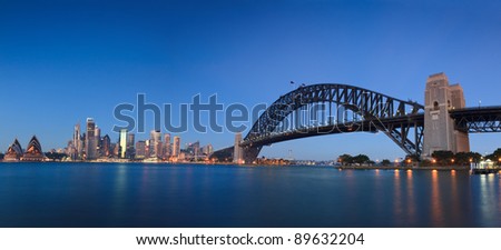 Sydney city landmark places panoramic view at sunrise: CBD, harbour bridge, skyscrapers, houses