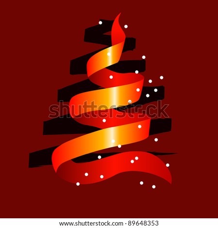 Stylized christmas tree made of red ribbon with snow. Raster version.