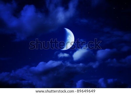 night beautiful blue sky with cumulus clouds, moon and stars