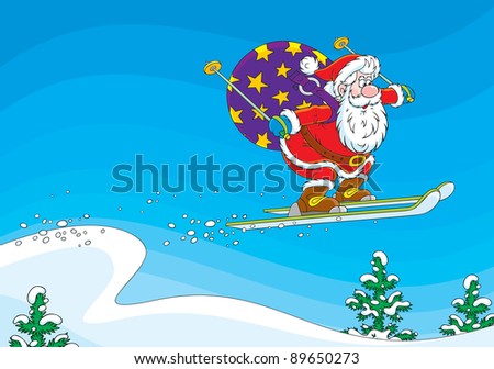 Santa Claus flying after a ski jump with his sackful of Christmas presents