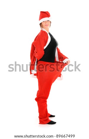 A picture of a Santa in baggy trousers over white background