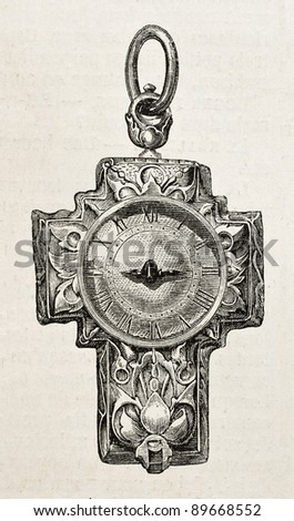Cross shaped old clock (17th century) from Prince Saltycov collection. Engraved by Jourdan, published on L'Illustration, Journal Universel, Paris, 1858