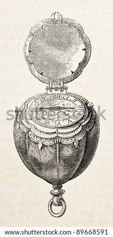Poppy bud shaped old clock (Charles IX age) from Prince Saltycov collection. Engraved by Jourdan, published on L'Illustration, Journal Universel, Paris, 1858
