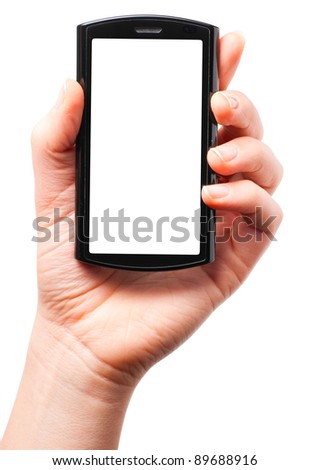 female hand is holding a modern touch screen phone. Screen is cut with clipping path Royalty-Free Stock Photo #89688916