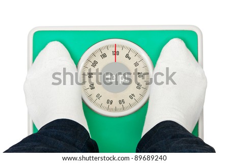 Woman feet and weight scale Help! isolated on white background