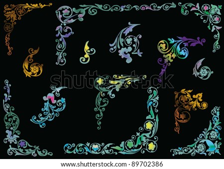 illustration with plant curl corners collection on black background