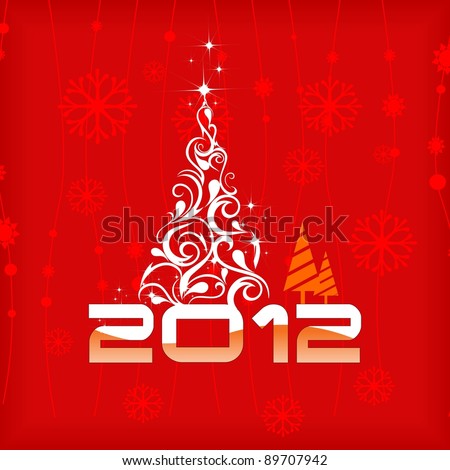 Vector Illustration background with 2012 floral Christmas tree in red color, snowflakes, stars, dots line and shine color.