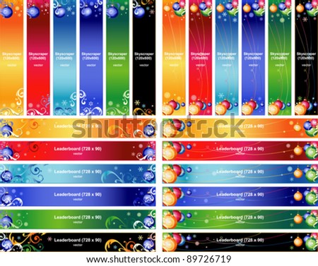 Vector Christmas Banner Set with Balls and Snowflakes in Sizes: Skyscraper (120 x 600) and  Leaderboard (728 x 90).
