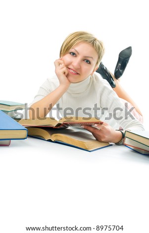 student woman with book on white background