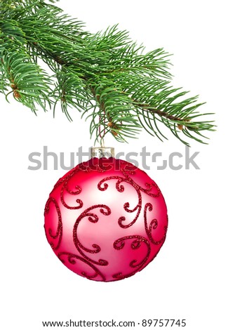 Red ornament christmas ball in a fir tree on a white background