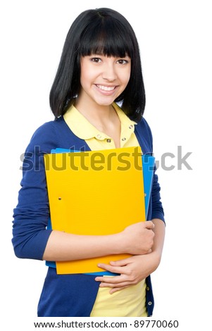 Cheerful girl student on a white background
