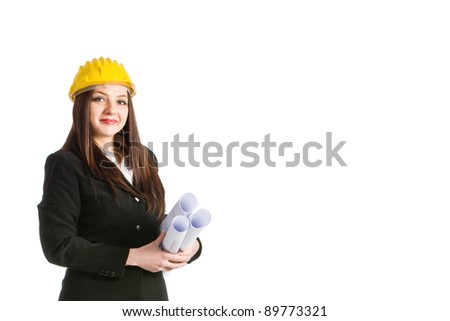photo of young female architect with helmet and plans