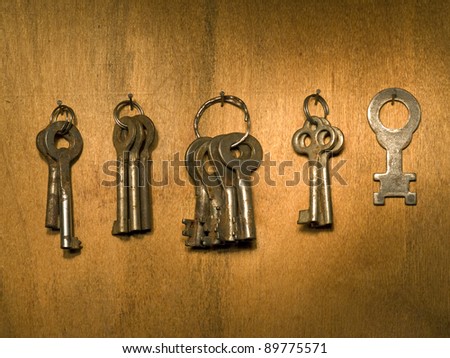 Bunch of old keys on a wooden wall surface.