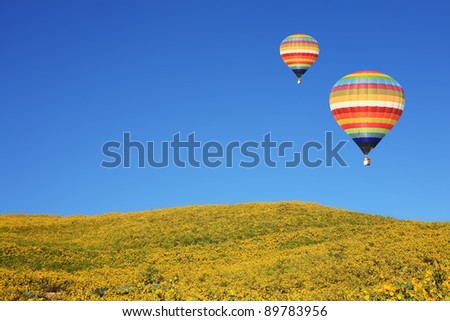 Hot air balloon over hill which covers with sunflowers