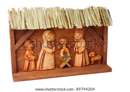 Picture of wooden Nativity Scene, handcarved, horizontal shot.