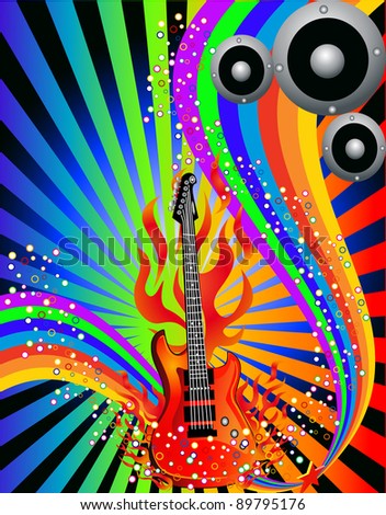 illustration music background with guitar and rainbow
