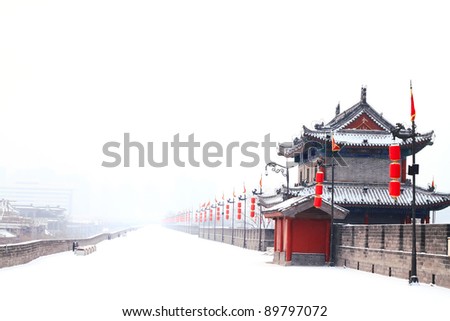 Landscape photo of traditional ancient Chinese style building with red lantern in snow