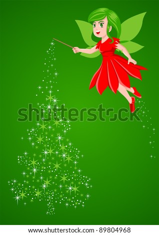 Vector illustration of a pixie making a Christmas tree from stardust