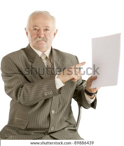 The man with the document in a hand, on a white background